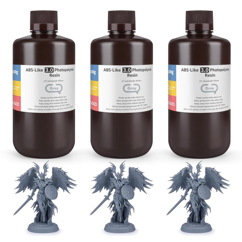 ELEGOO راتنج طابعة ثلاثية الأبعاد مثل ABS 3.0 المحسن، راتنج LCD المعالج بالأشعة فوق البنفسجية 405 نانومتر عالي الدقة سريع المعالجة غير الهش للطباعات LCD رمادي 3 كجم - Image 1